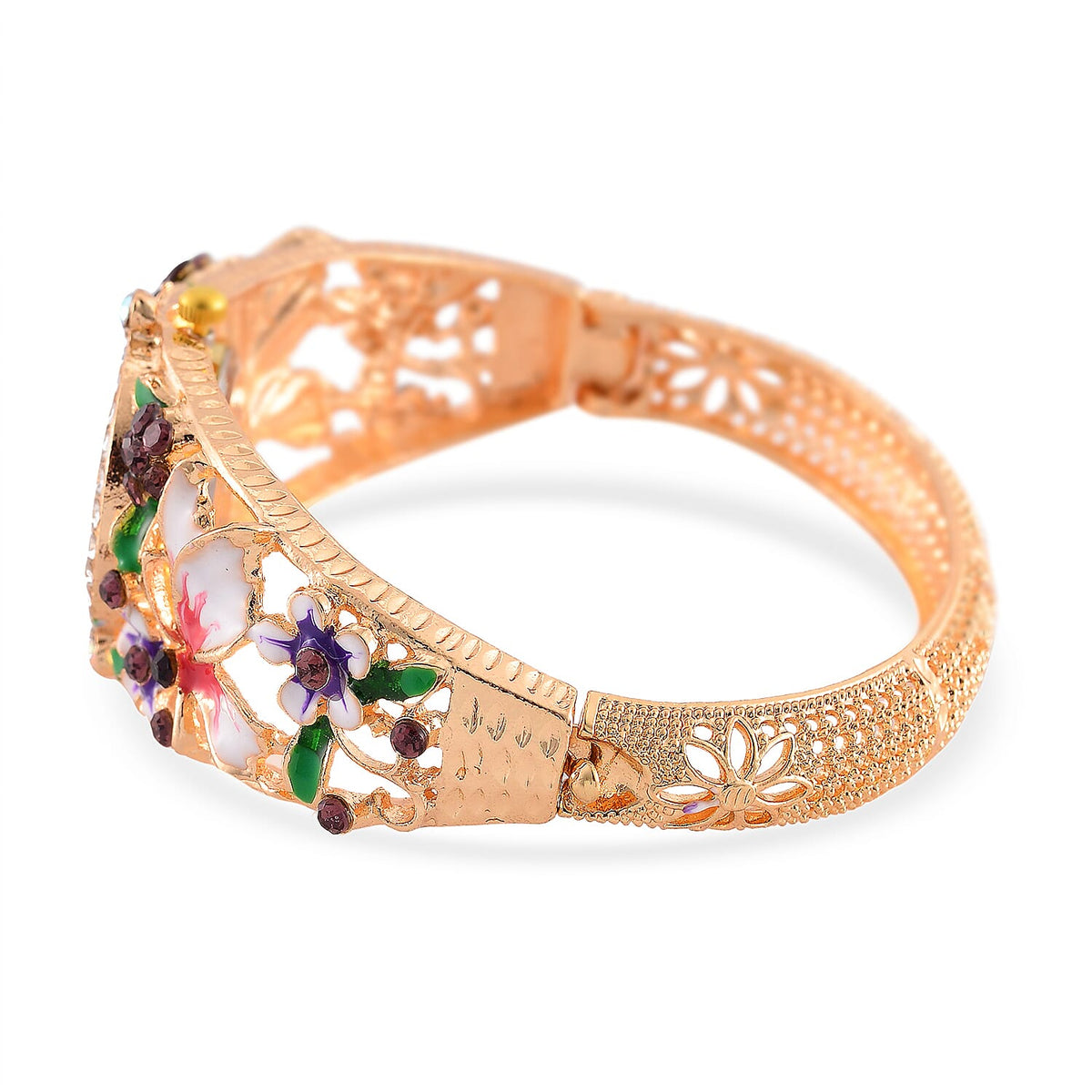 STRADA Japanese Movt. Water-Resistant Floral Bangle Watch with Pink and Multi Color Enamel &amp; Crystal Strap 7992926 5