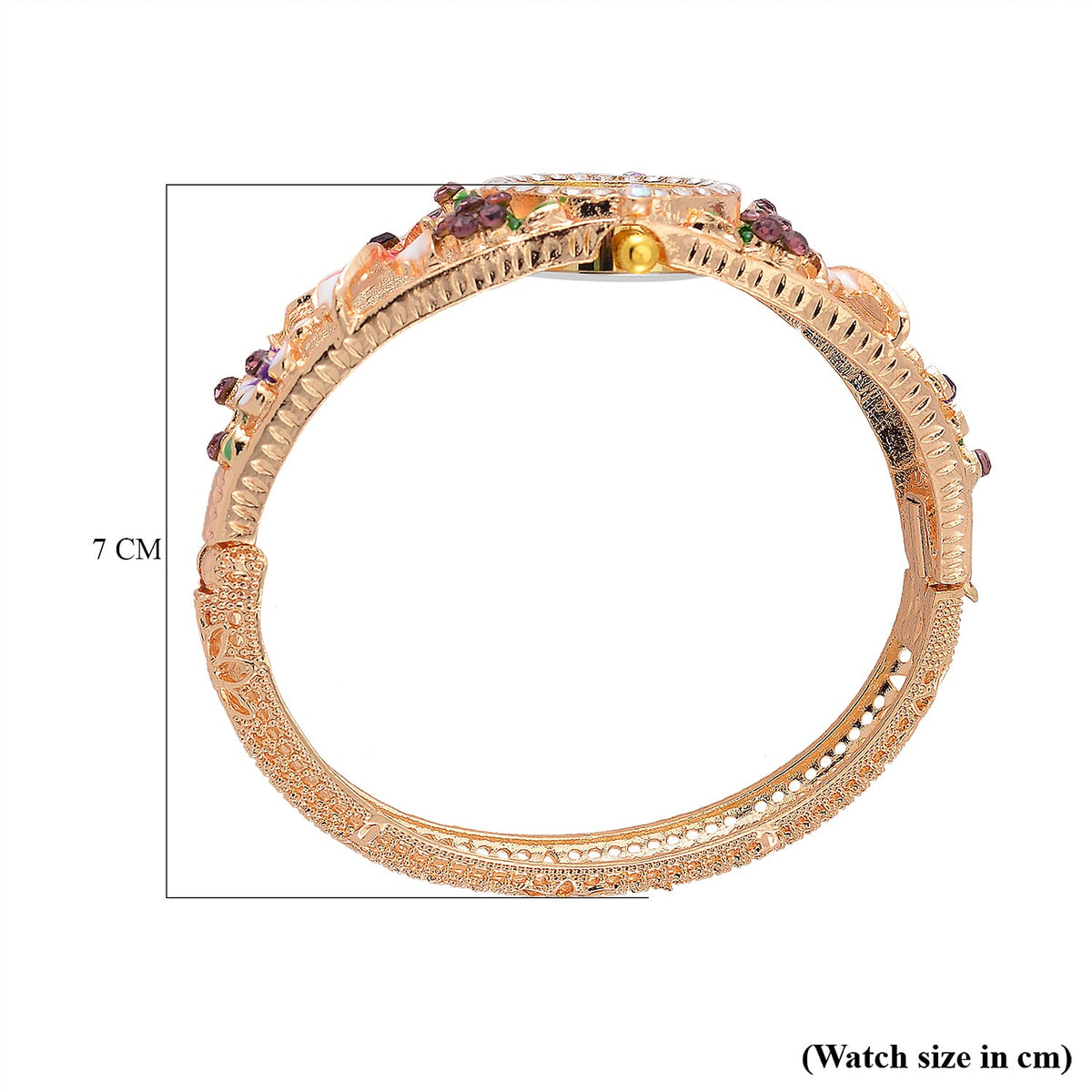 STRADA Japanese Movt. Water-Resistant Floral Bangle Watch with Pink and Multi Color Enamel &amp; Crystal Strap 7992926 7