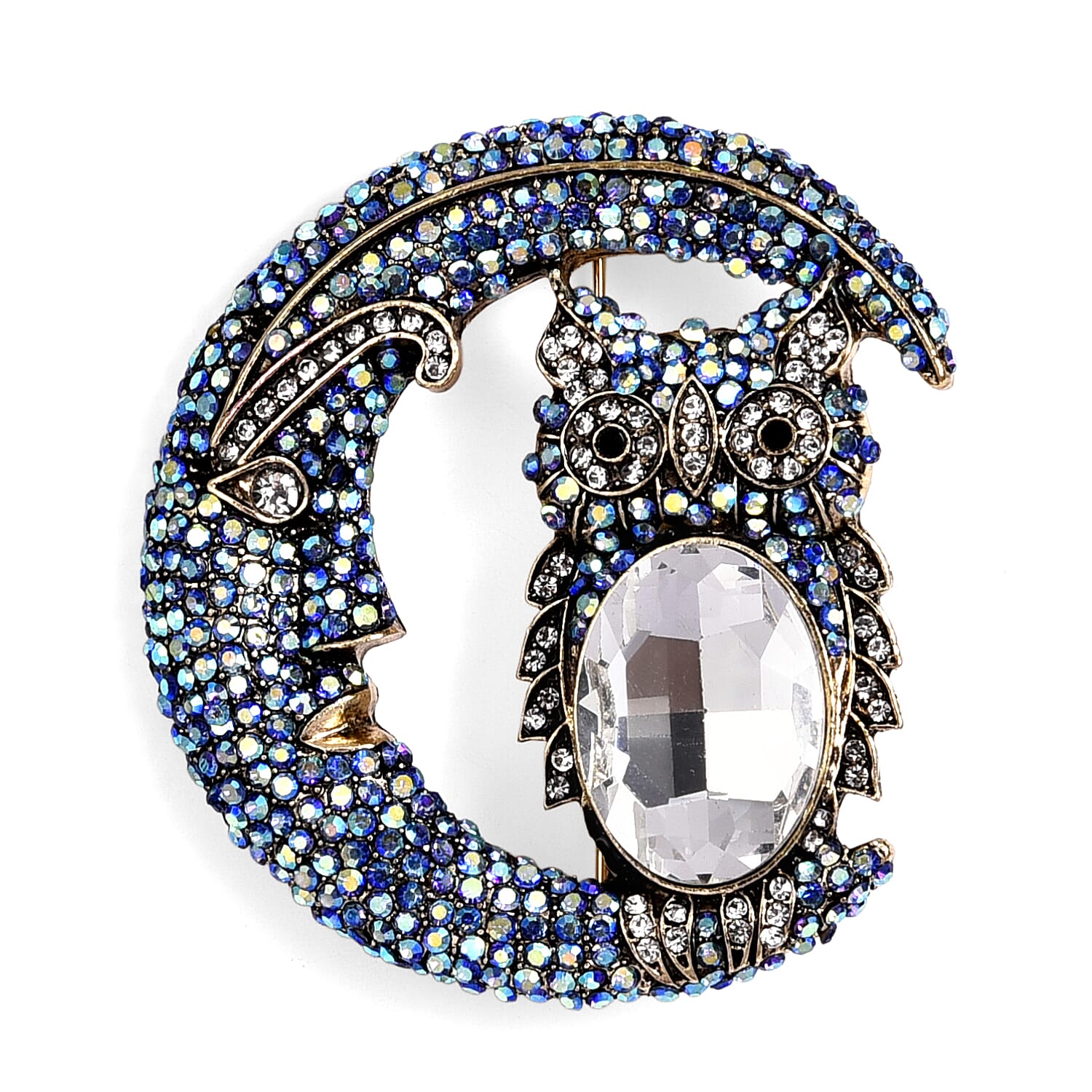 Multi Colour Crystal &amp; White Glass Moonlight Owl Brooch in Antique Gold Tone 8311526 0