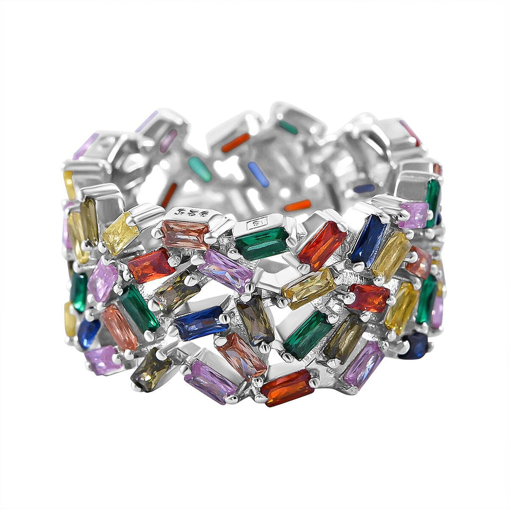 Lustro Stella -Multi Colour Cubic Zirconia Fire Cracker Ring in Rhodium Overlay Sterling Silver, Silver Wt. 6.90 Gms