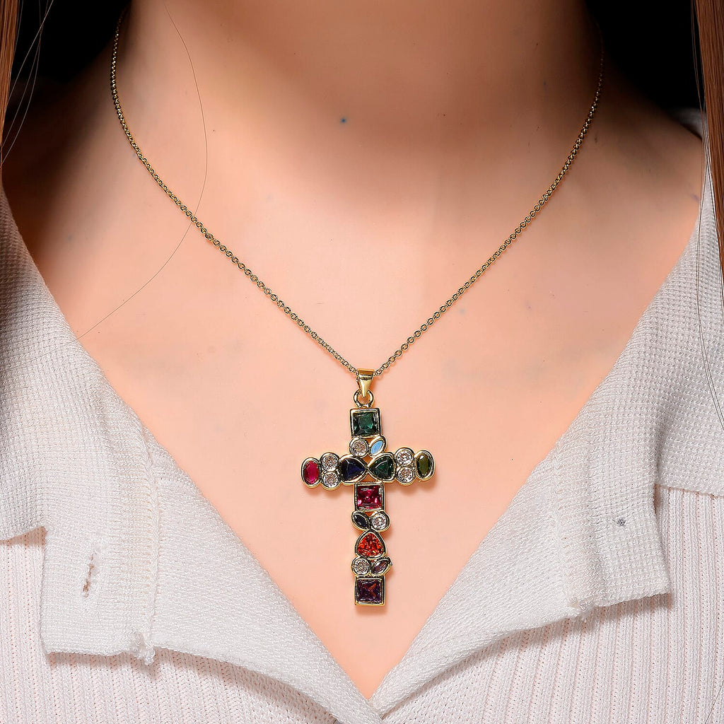 Multi Color Cubic Zirconia Pendant with Chain (Size 17 - 2 with Ext) in Gold Colour Tone 5.00 Ct.