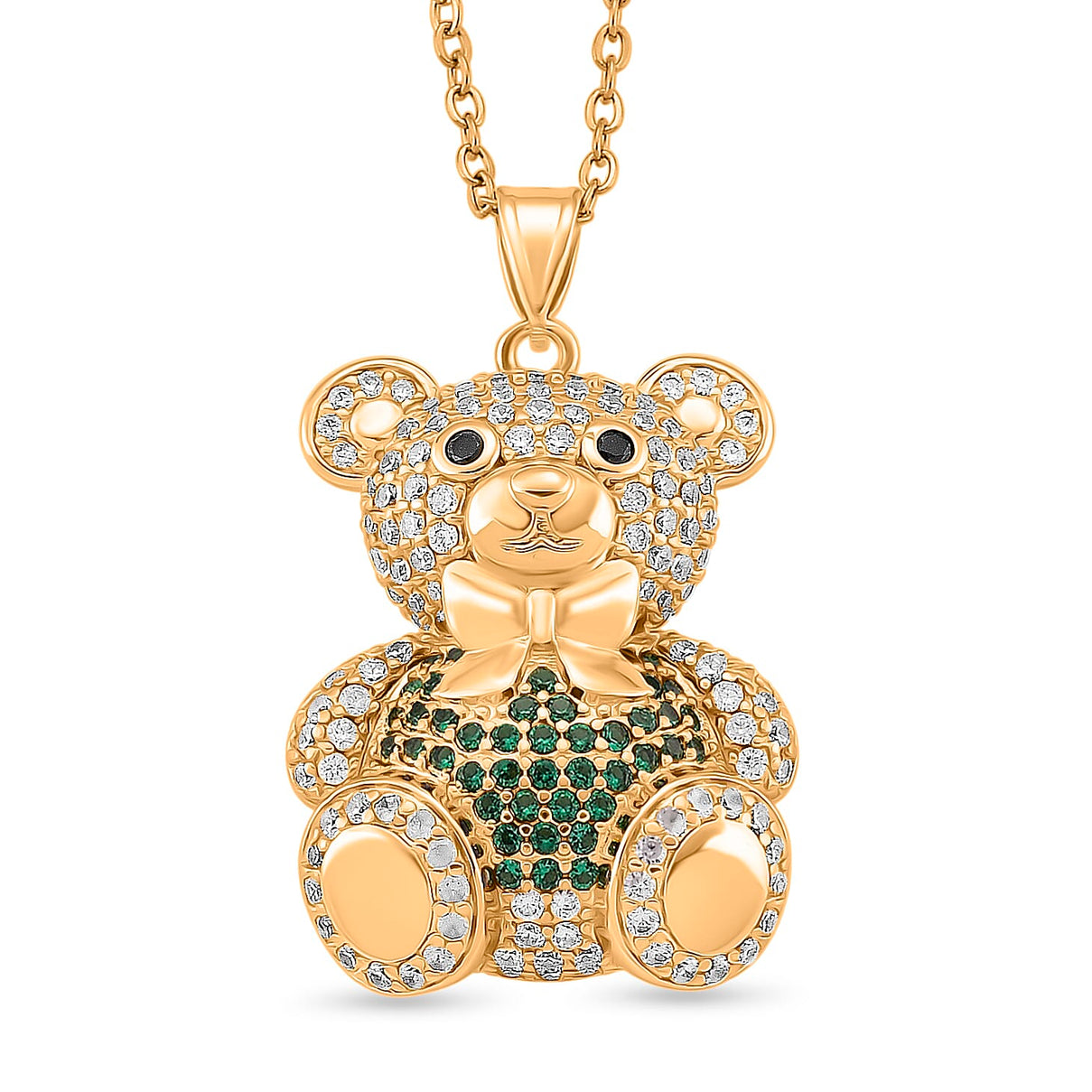 Designer Inspired - Cubic Zirconia Teddy Bear Pendant with Chain (Size 20) in Yellow Gold Plated - Green V32513293 0