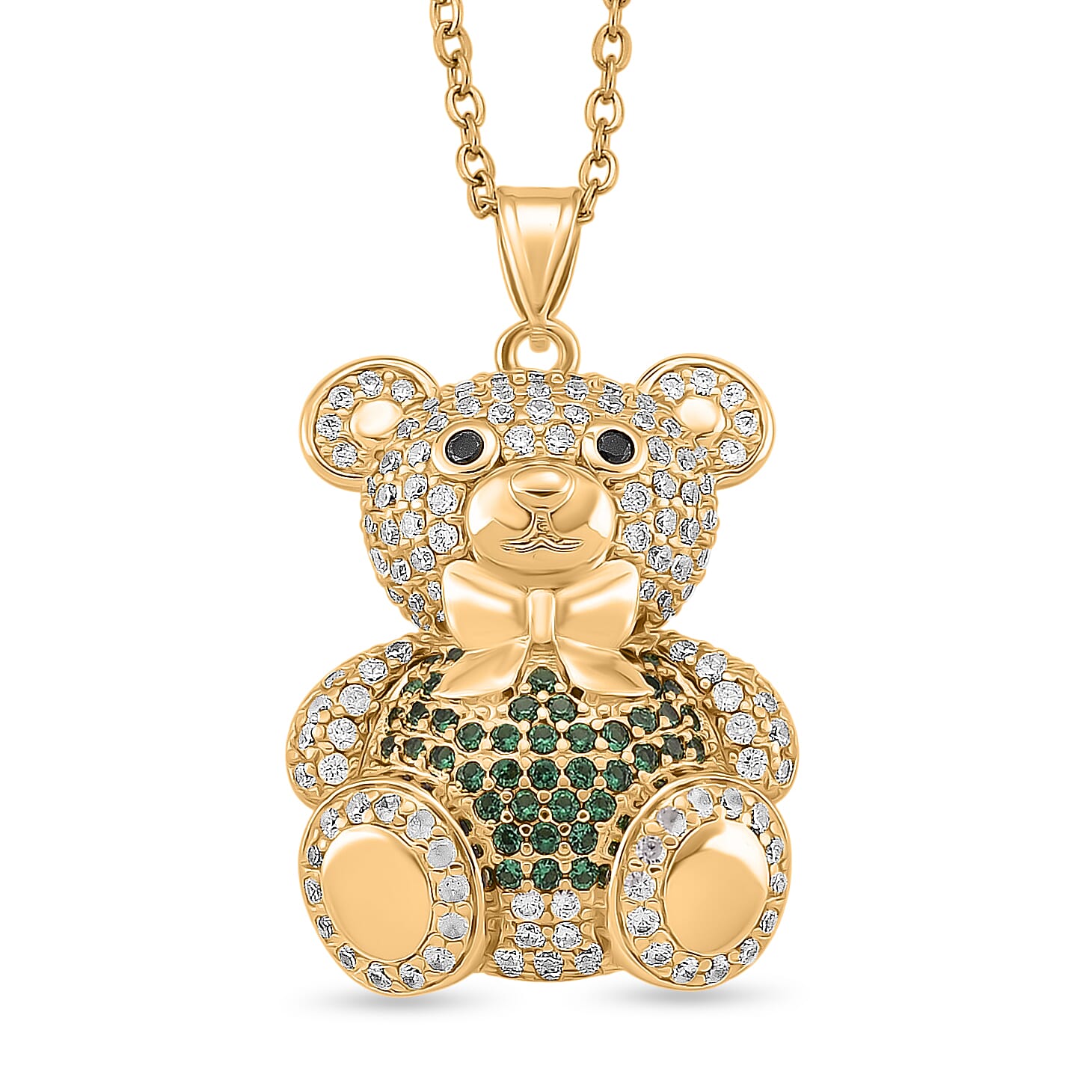 Designer Inspired - Cubic Zirconia Teddy Bear Pendant with Chain (Size 20) in Yellow Gold Plated - Green V32513293 0