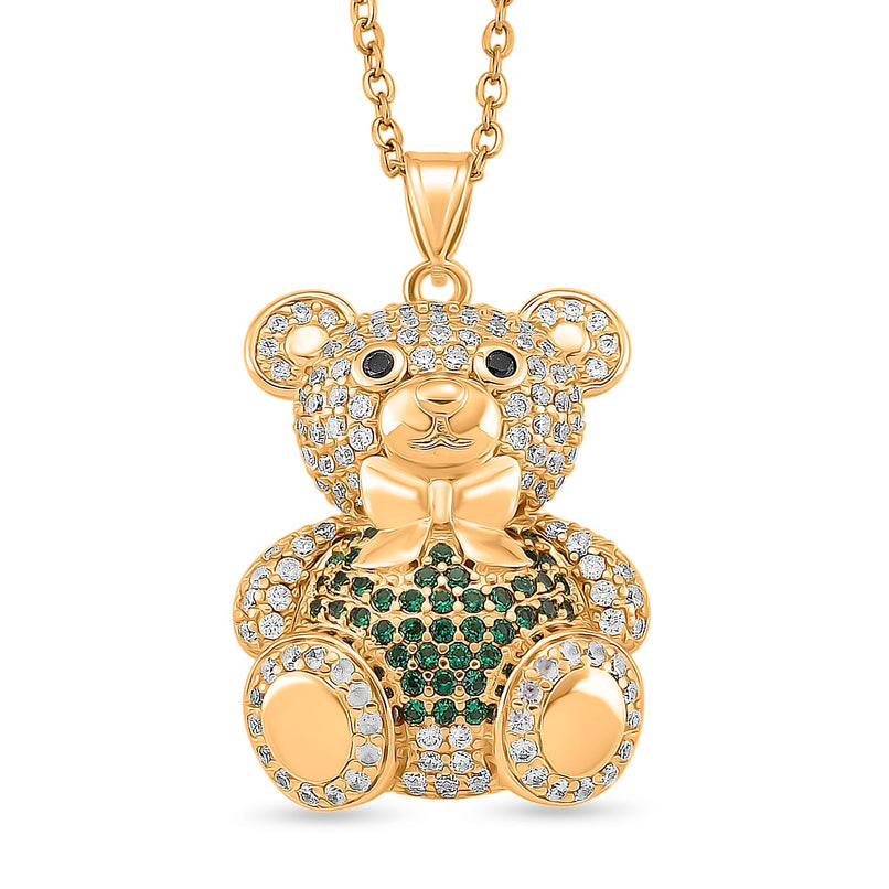 Designer Inspired - Cubic Zirconia Teddy Bear Pendant with Chain (Size 20) in Yellow Gold Plated - Green