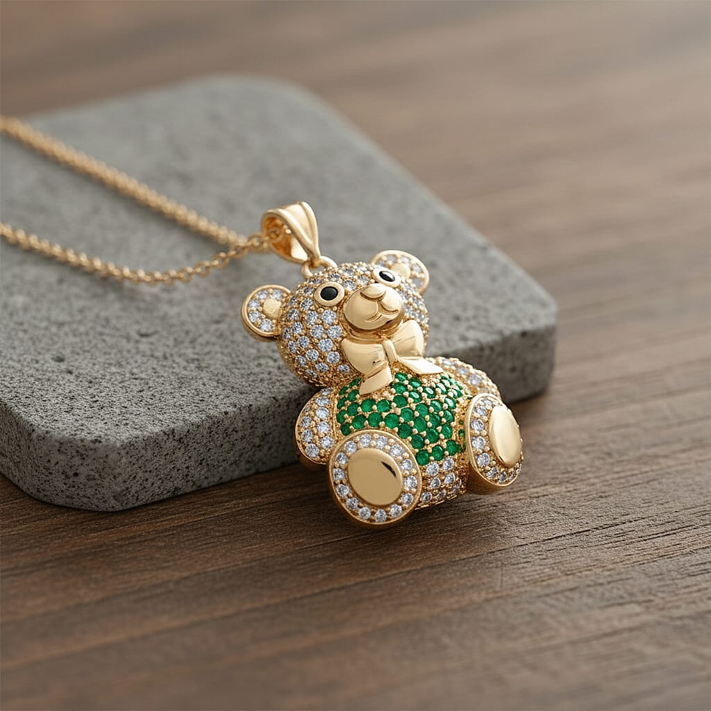 Designer Inspired - Cubic Zirconia Teddy Bear Pendant with Chain (Size 20) in Yellow Gold Plated - Green V32513293 2
