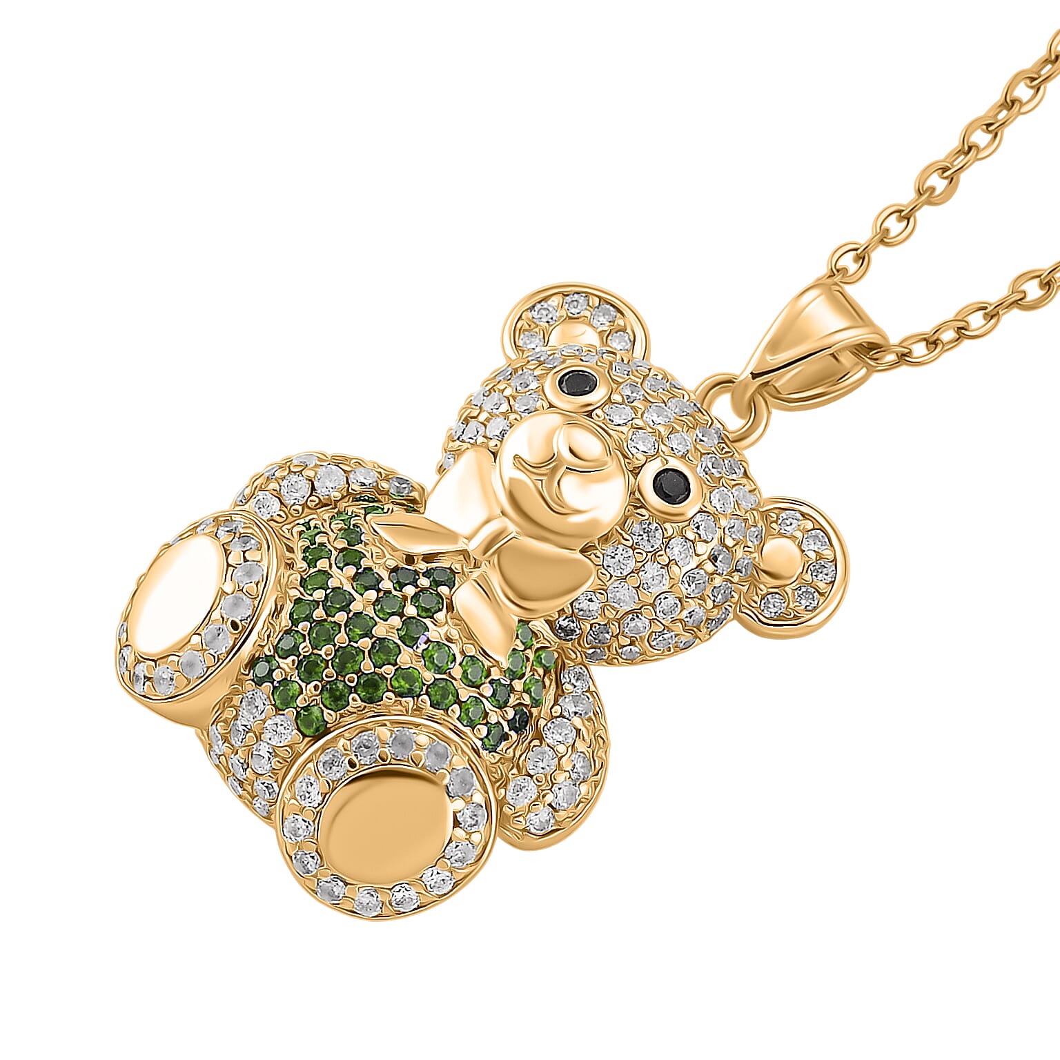 Designer Inspired - Cubic Zirconia Teddy Bear Pendant with Chain (Size 20) in Yellow Gold Plated - Green V32513293 4