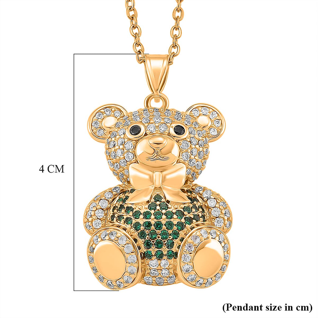 Designer Inspired-  Cubic Zirconia Teddy Bear Pendant with Chain (Size 20) in Yellow Gold Plated- Green