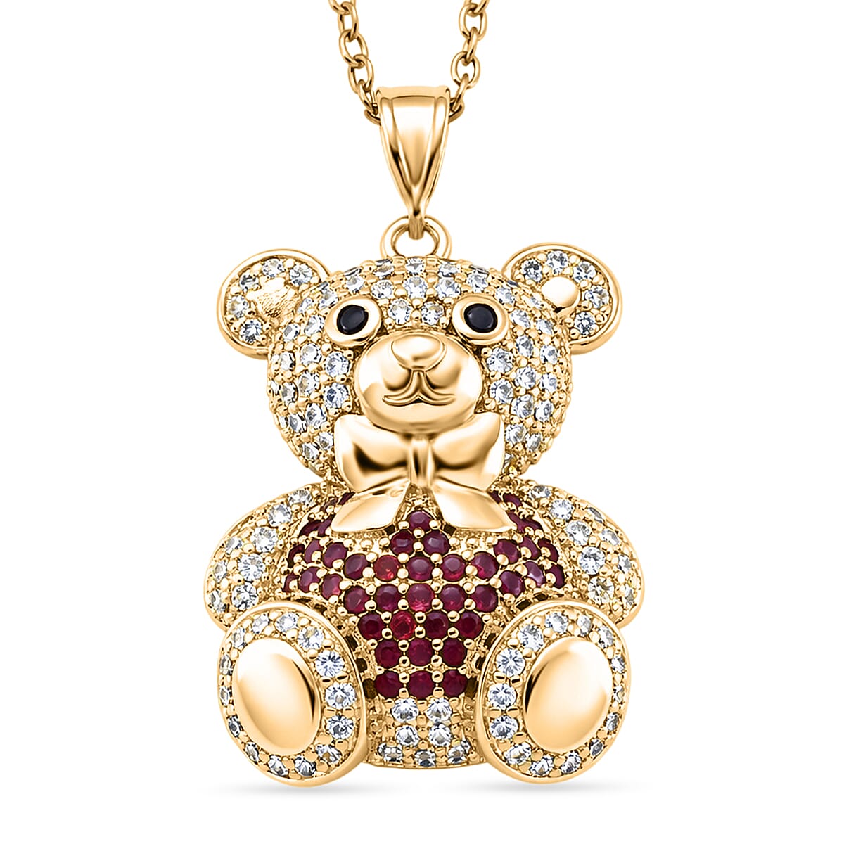 Designer Inspired-  Cubic Zirconia Teddy Bear Pendant with Chain (Size 20) in Yellow Gold Plated- Red V32512800 0