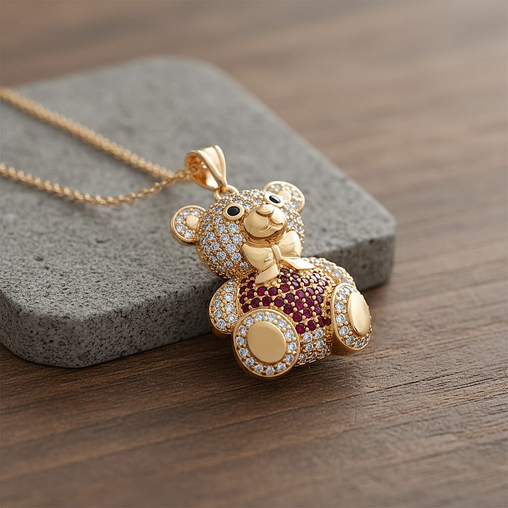 Designer Inspired-  Cubic Zirconia Teddy Bear Pendant with Chain (Size 20) in Yellow Gold Plated- Red V32512800 2