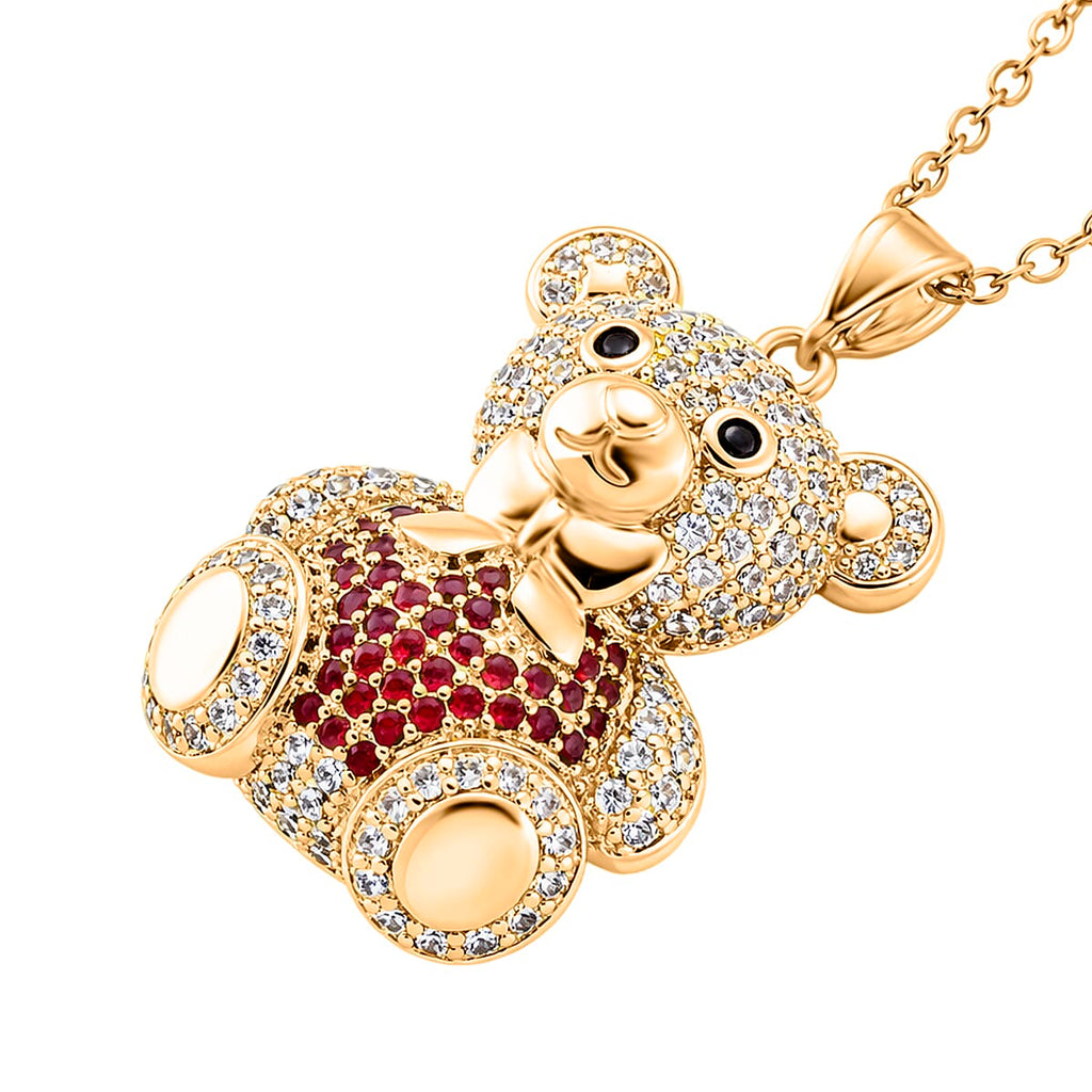 Designer Inspired-  Cubic Zirconia Teddy Bear Pendant with Chain (Size 20) in Yellow Gold Plated- Red