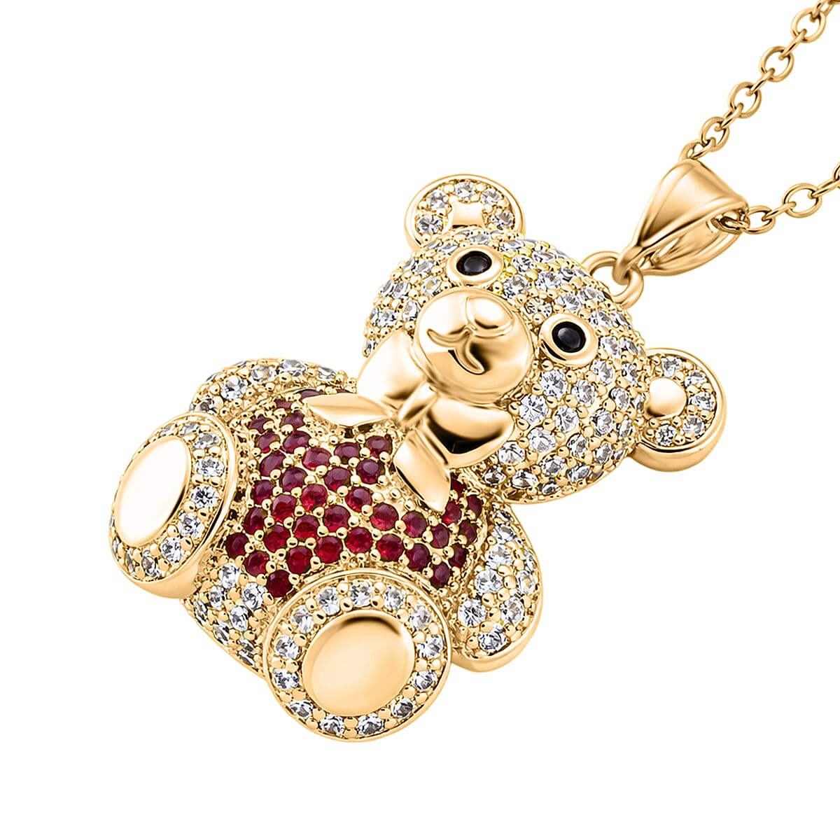 Designer Inspired-  Cubic Zirconia Teddy Bear Pendant with Chain (Size 20) in Yellow Gold Plated- Red V32512800 4