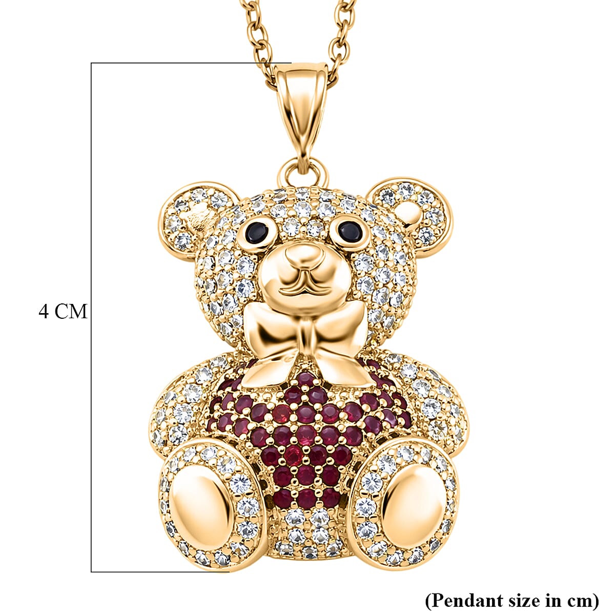 Designer Inspired-  Cubic Zirconia Teddy Bear Pendant with Chain (Size 20) in Yellow Gold Plated- Red V32512800 7