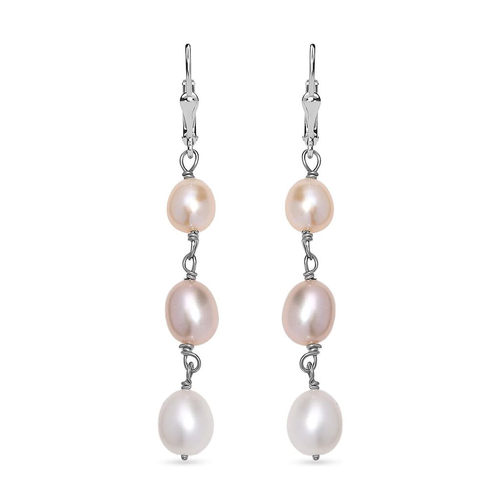 Multi Color Fresh Water Pearl Earring with Lever Back in Rhodium Overlay Sterling Silver 20.00 Ct.