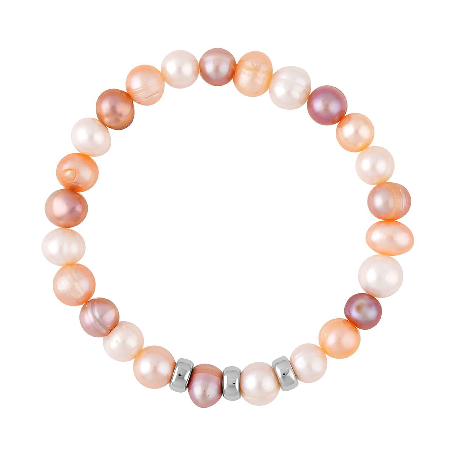 Multi Color Fresh Water Pearl Stretchable Bracelet (Size - 7) in Rhodium Overlay Sterling Silver 7368190 0