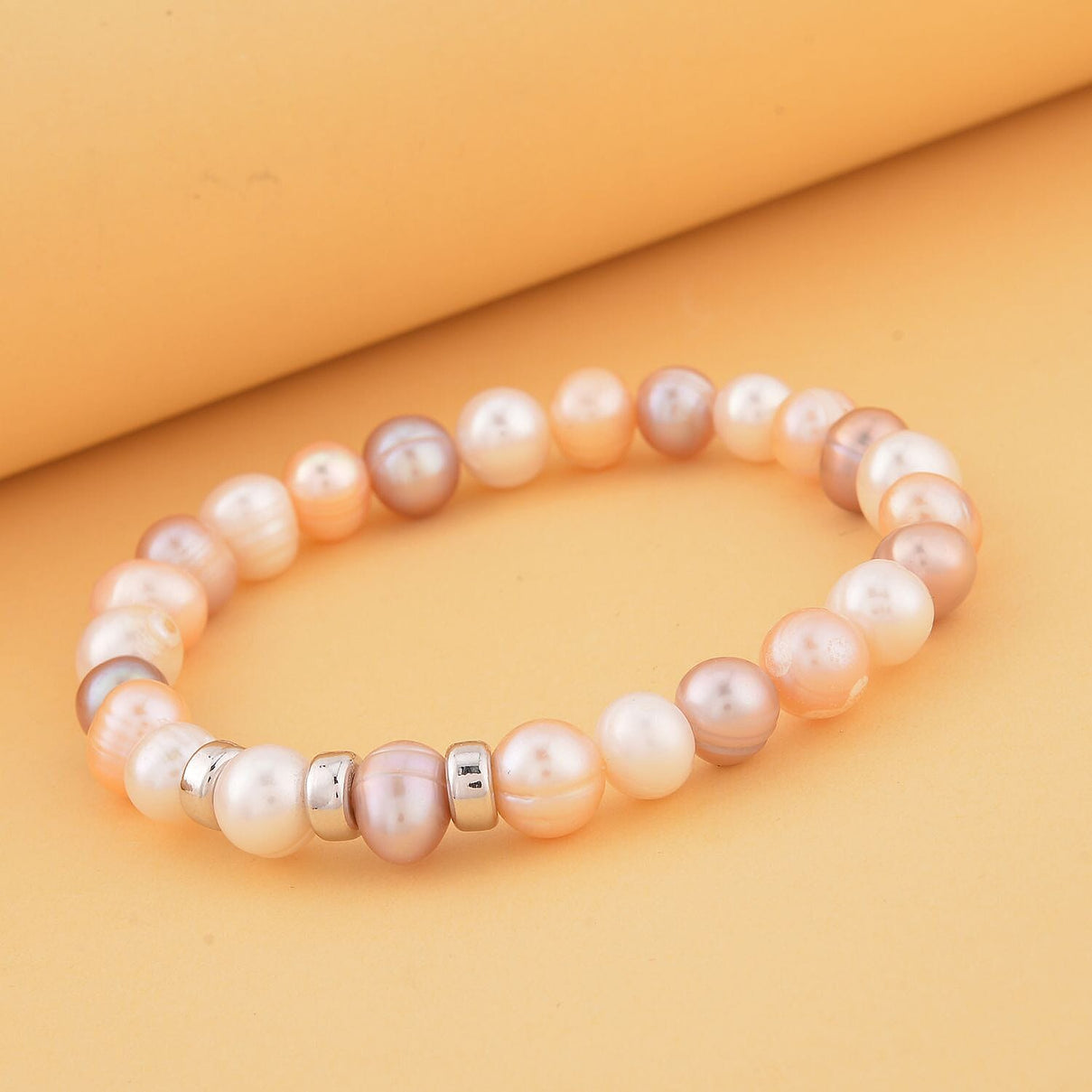 Multi Color Fresh Water Pearl Stretchable Bracelet (Size - 7) in Rhodium Overlay Sterling Silver 7368190 2
