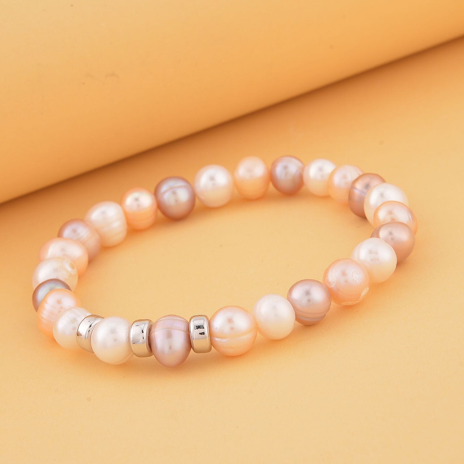 Multi Color Fresh Water Pearl Stretchable Bracelet (Size - 7) in Rhodium Overlay Sterling Silver 7368190 2