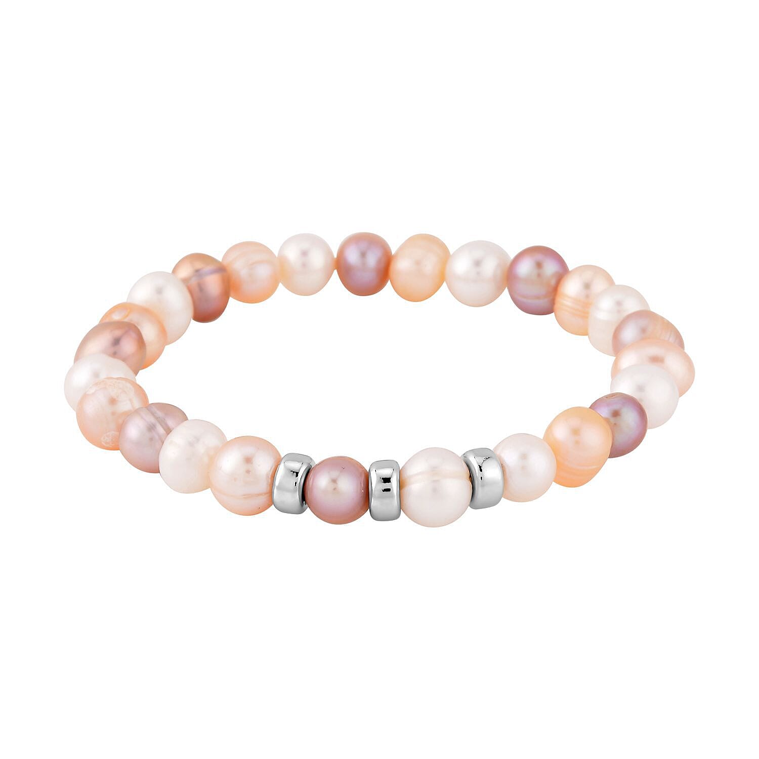 Multi Color Fresh Water Pearl Stretchable Bracelet (Size - 7) in Rhodium Overlay Sterling Silver 7368190 3