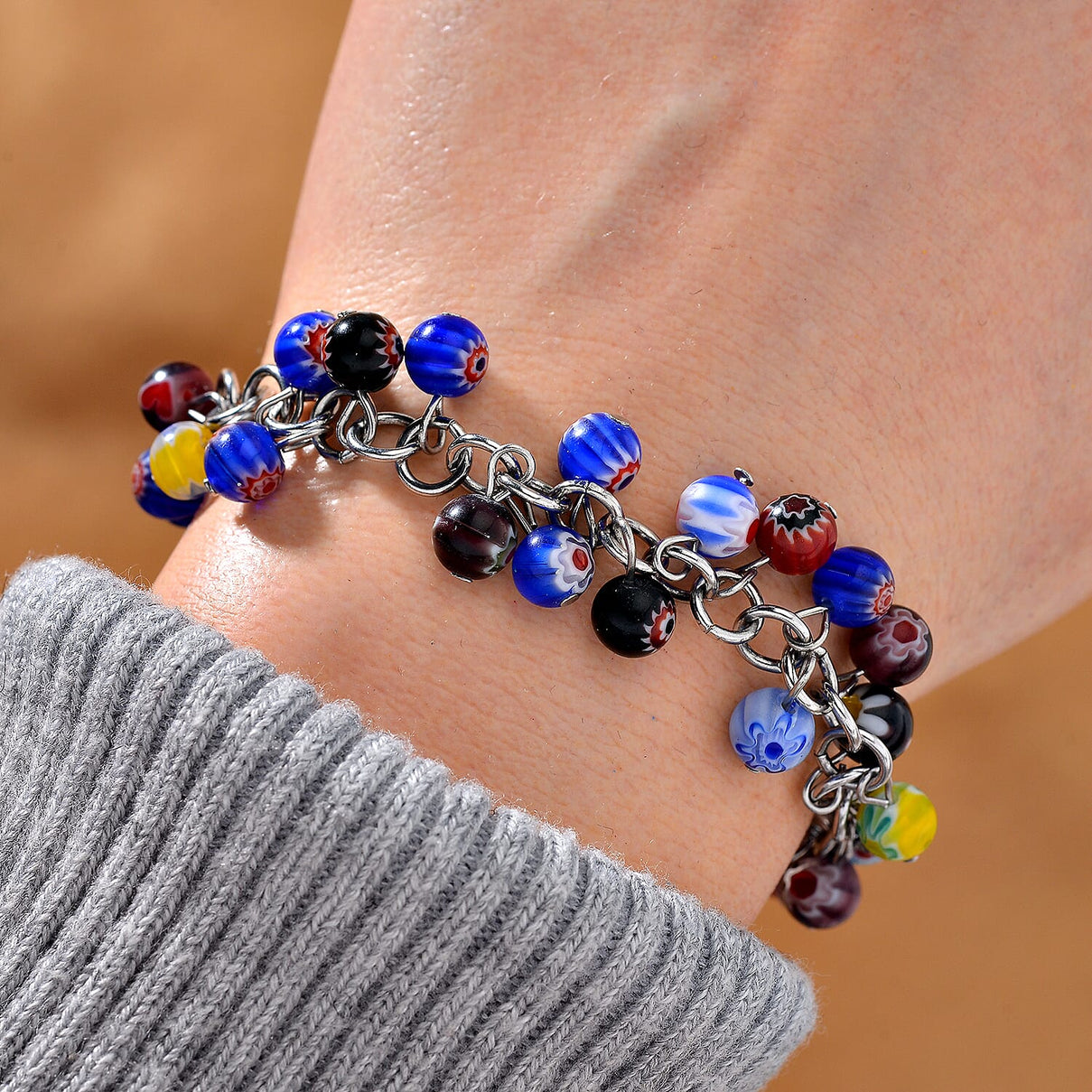 Multi Color Murano Glass Bracelet in White Tone (Size7.5-4 Ext) 7951849 2
