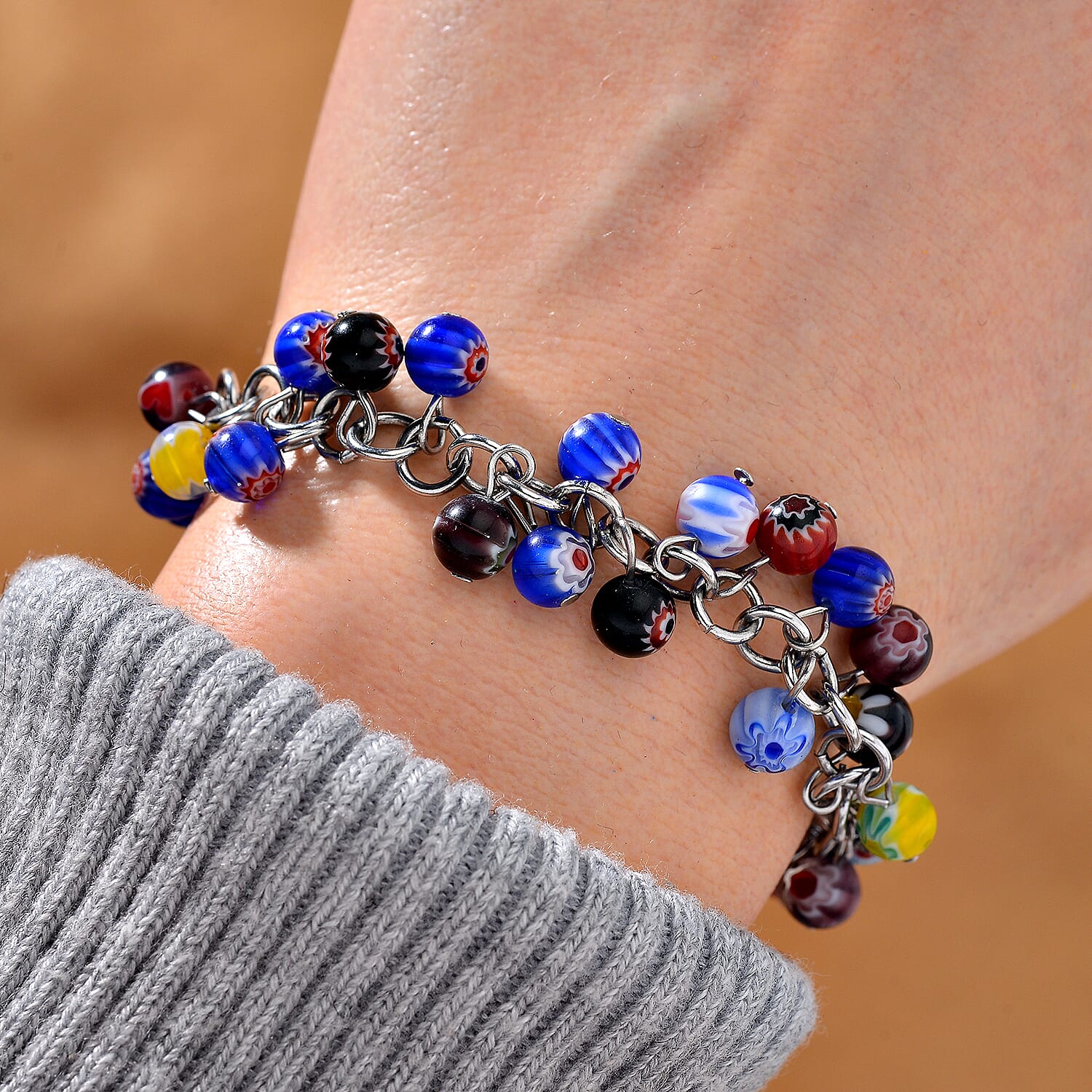 Multi Color Murano Glass Bracelet in White Tone (Size7.5-4 Ext) 7951849 2