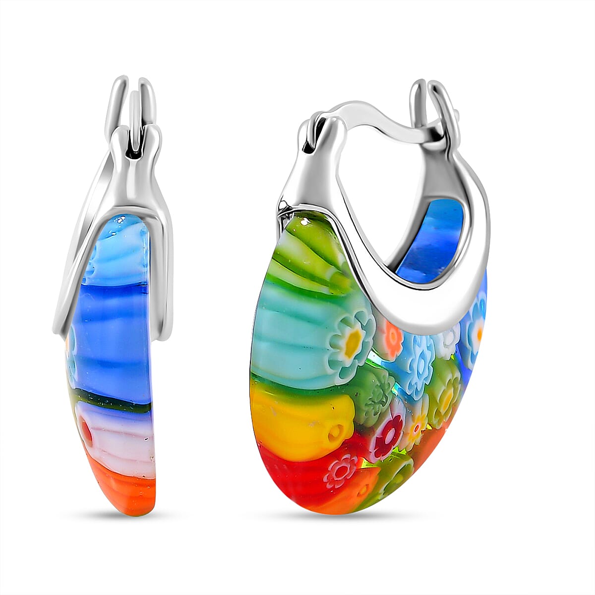 Multi Colour Murano Style Glass Floral Basket Earring With Clasp in Rhodium Overlay Sterling Silver 7893967 0