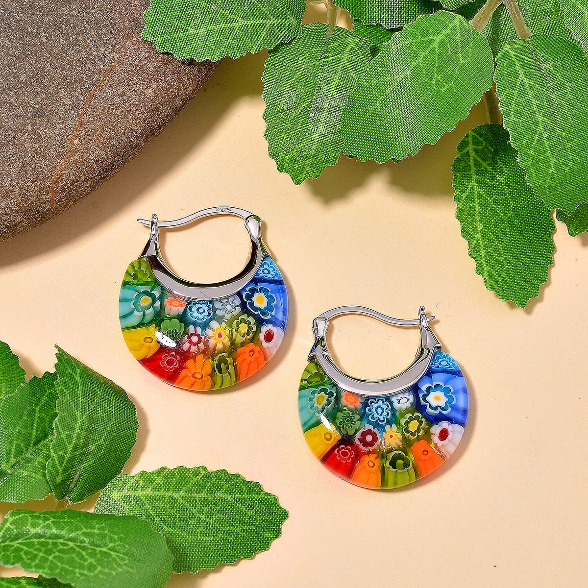Multi Colour Murano Style Glass Floral Basket Earring With Clasp in Rhodium Overlay Sterling Silver 7893967 1