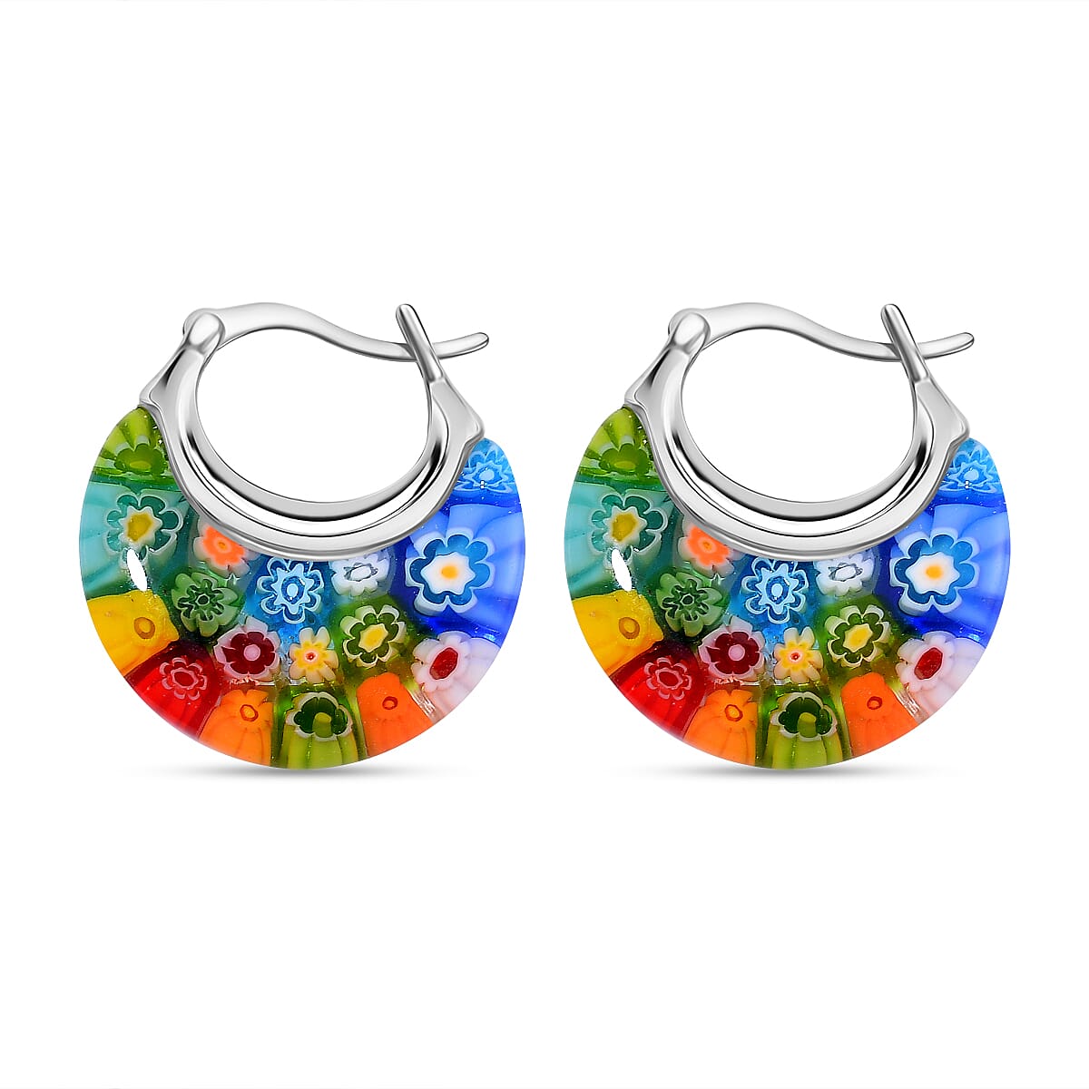 Multi Colour Murano Style Glass Floral Basket Earring With Clasp in Rhodium Overlay Sterling Silver 7893967 3