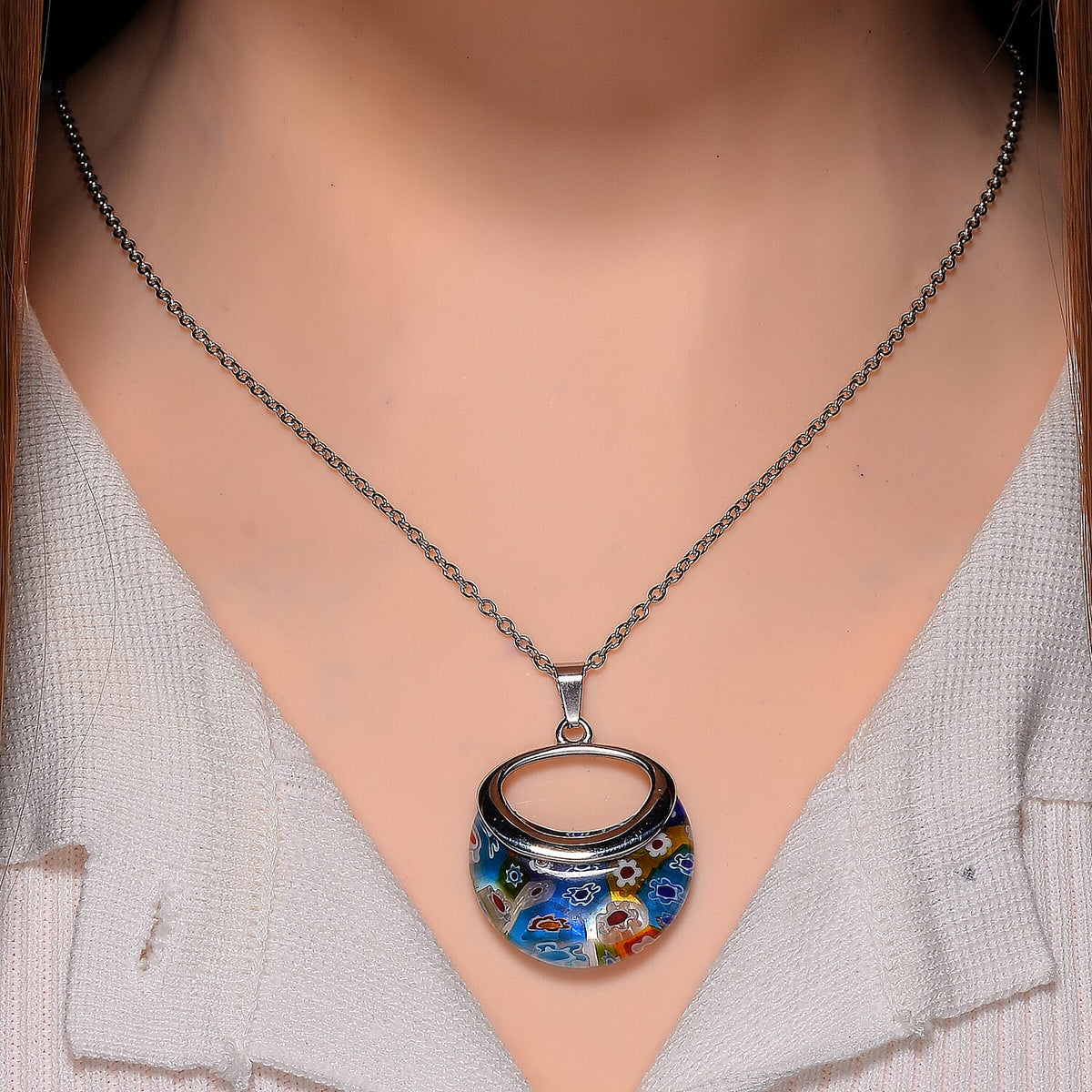 Multi Colour Murano Style Glass Necklace (Size - 24) in Pure White Stainless Steel V32530005 2