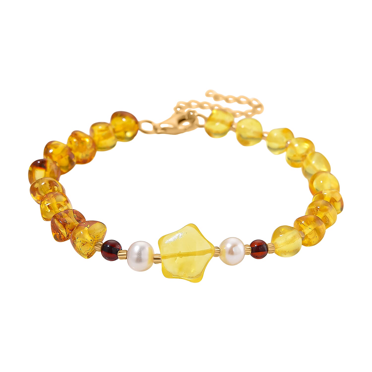 D'Joy Multi Colour Amber &amp; White Fresh Water Pearl Bracelet (Size - 7.5 - 2 Ext) with Lobster Clasp in Yellow Gold Plating Sterling Silver 17.9 Ct. 8215507 0