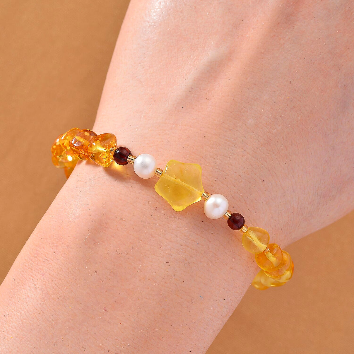 D'Joy Multi Colour Amber &amp; White Fresh Water Pearl Bracelet (Size - 7.5 - 2 Ext) with Lobster Clasp in Yellow Gold Plating Sterling Silver 17.9 Ct. 8215507 2