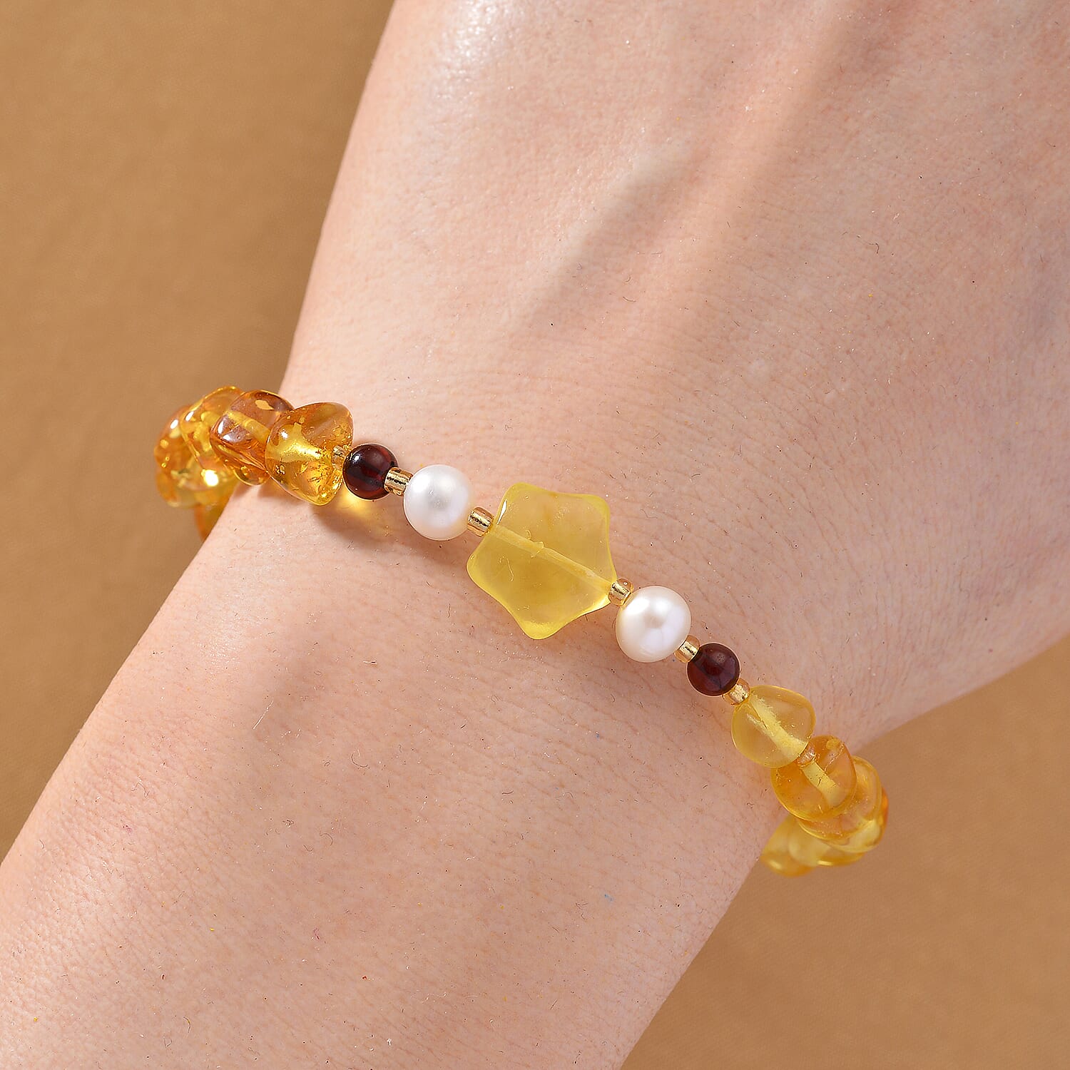 D'Joy Multi Colour Amber &amp; White Fresh Water Pearl Bracelet (Size - 7.5 - 2 Ext) with Lobster Clasp in Yellow Gold Plating Sterling Silver 17.9 Ct. 8215507 2