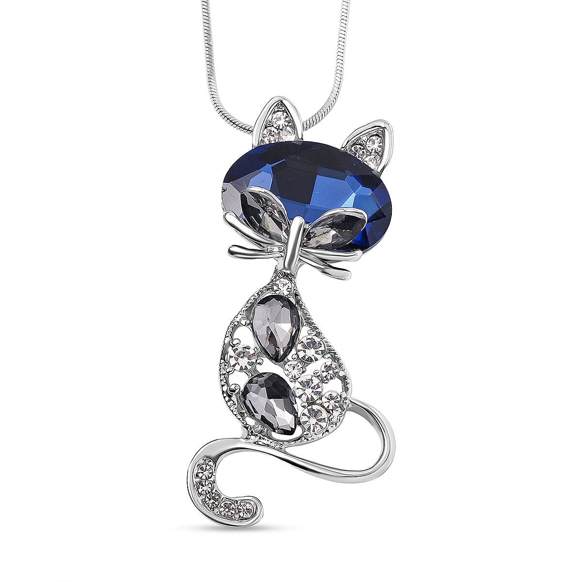 White, Grey &amp; Blue Austrian Crystal Cat Pendant with Chain (Size - 24) in Silver Tone 7658718 0