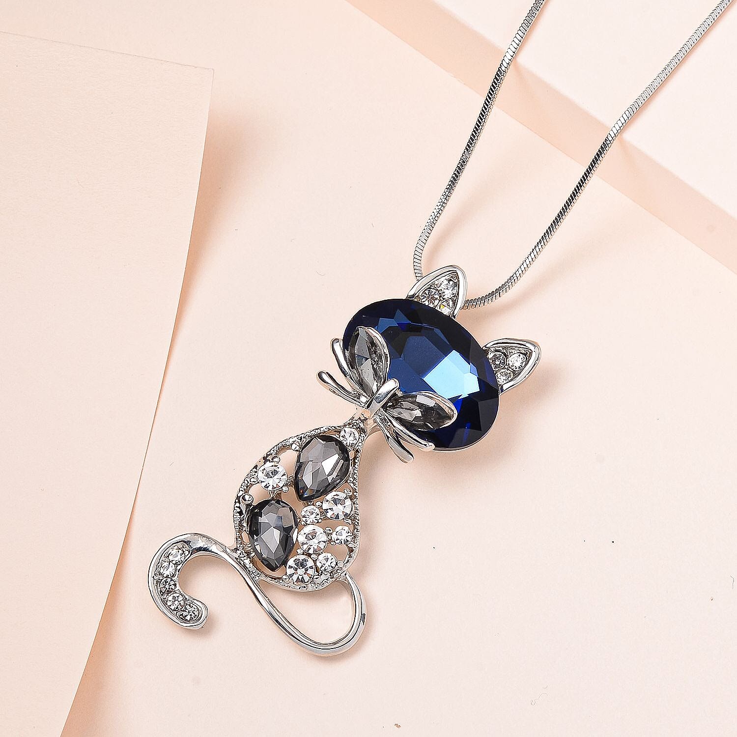 White, Grey &amp; Blue Austrian Crystal Cat Pendant with Chain (Size - 24) in Silver Tone 7658718 2