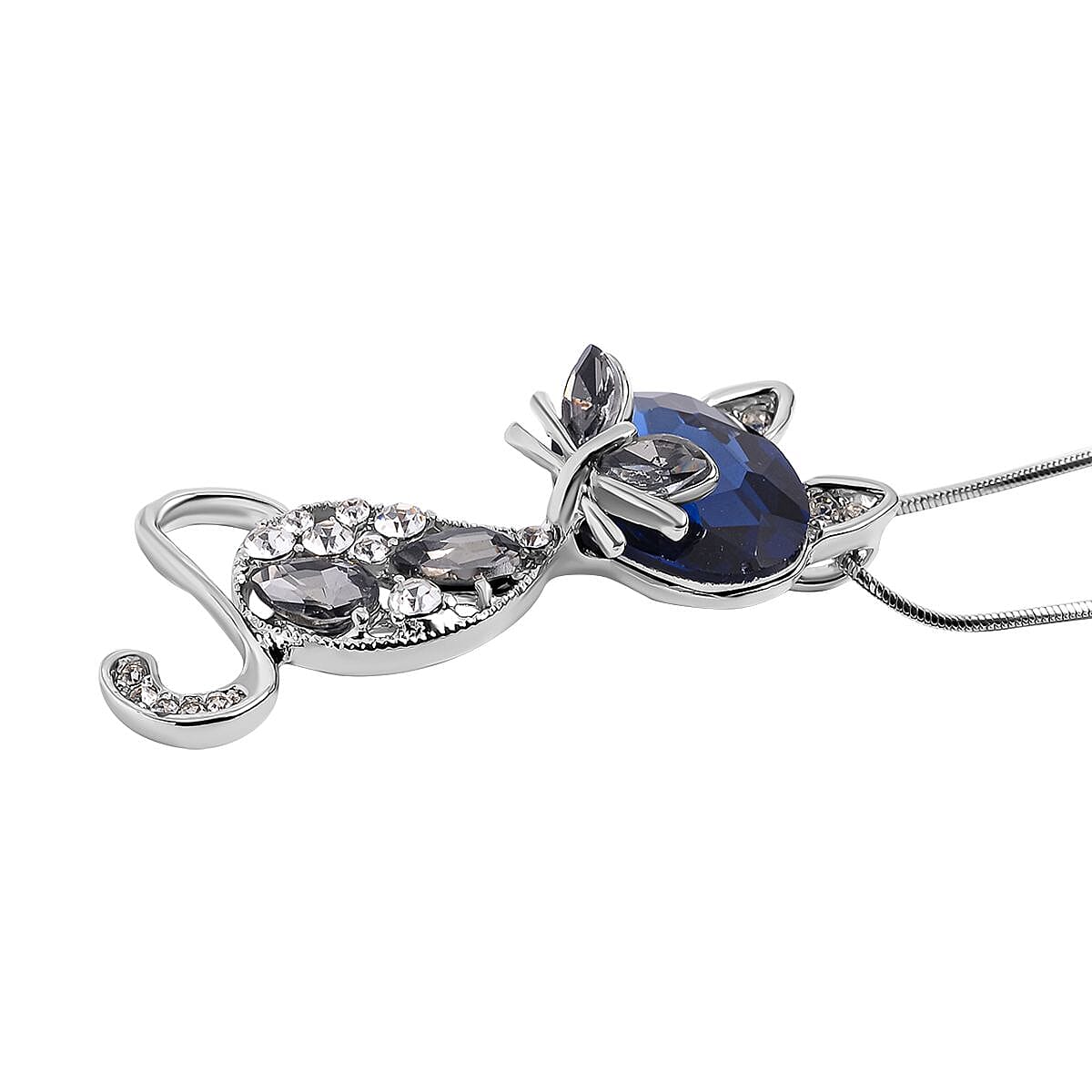 White, Grey &amp; Blue Austrian Crystal Cat Pendant with Chain (Size - 24) in Silver Tone 7658718 3