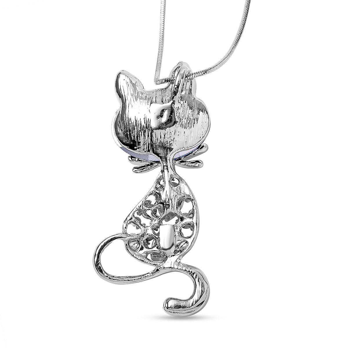 White, Grey &amp; Blue Austrian Crystal Cat Pendant with Chain (Size - 24) in Silver Tone 7658718 4