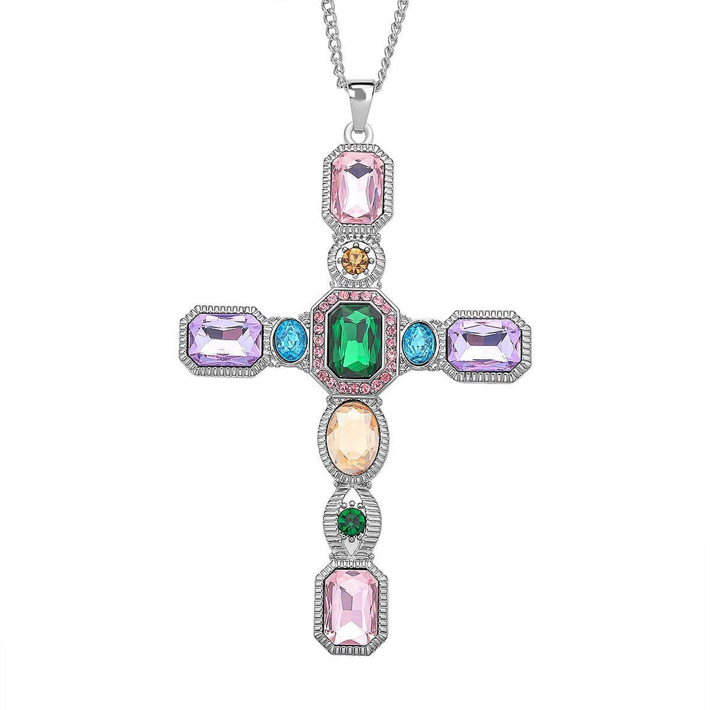 Multi Colour Austrian Crystal Cross Pendant with Chain (Size 29-2 Inch Ext.) with Lobster Clasp in Silver Tone 23.00 Ct.