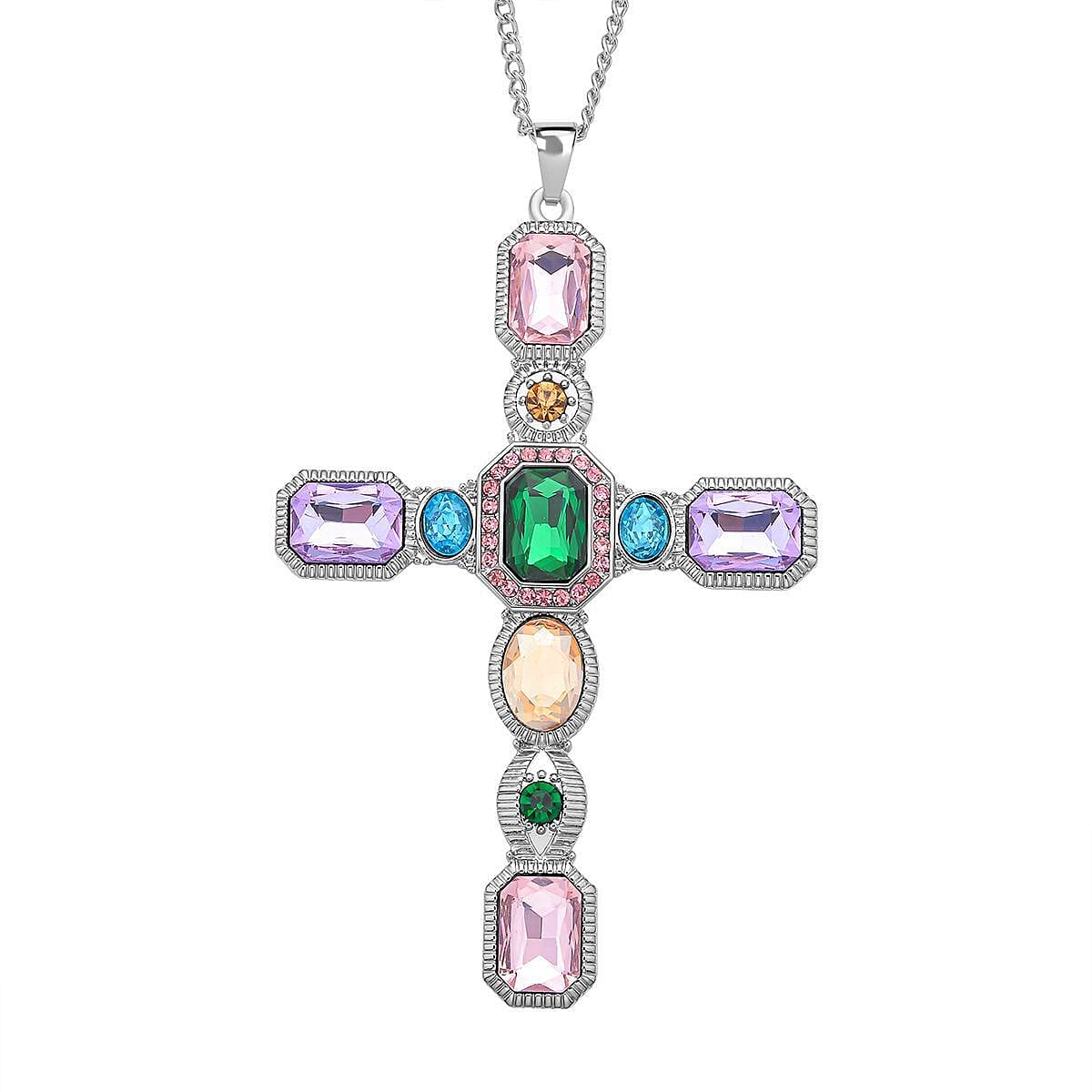 Multi Colour Austrian Crystal Cross Pendant with Chain (Size 29-2 Inch Ext.) with Lobster Clasp in Silver Tone 23.00 Ct. 4119595 0