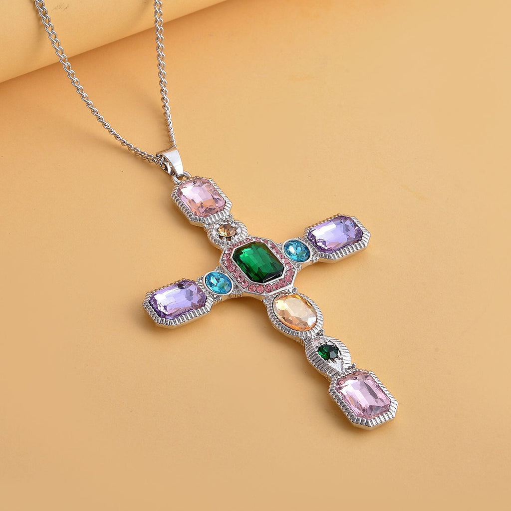Multi Colour Austrian Crystal Cross Pendant with Chain (Size 29-2 Inch Ext.) with Lobster Clasp in Silver Tone 23.00 Ct.