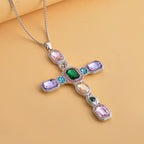 Multi Colour Austrian Crystal Cross Pendant with Chain (Size 29-2 Inch Ext.) with Lobster Clasp in Silver Tone 23.00 Ct.