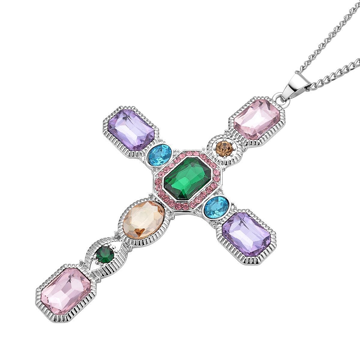 Multi Colour Austrian Crystal Cross Pendant with Chain (Size 29-2 Inch Ext.) with Lobster Clasp in Silver Tone 23.00 Ct. 4119595 3