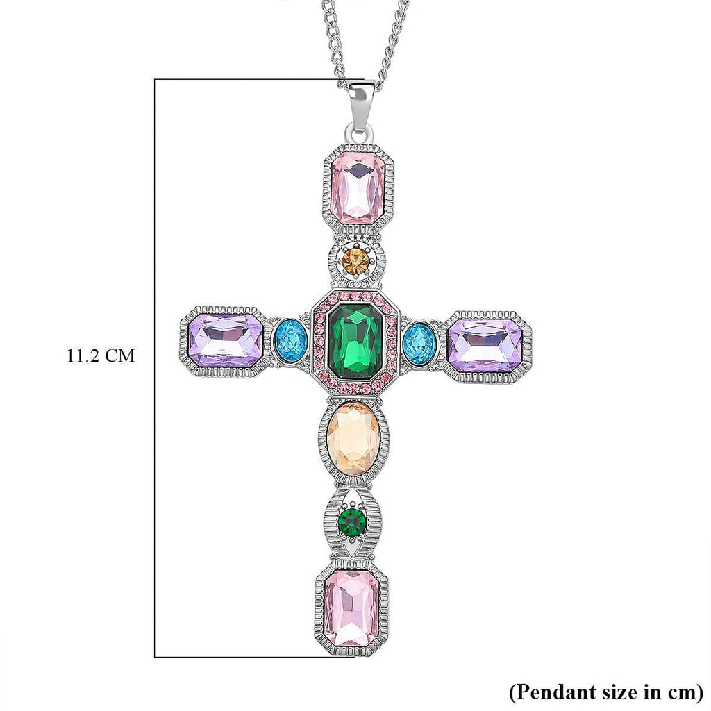 Multi Colour Austrian Crystal Cross Pendant with Chain (Size 29-2 Inch Ext.) with Lobster Clasp in Silver Tone 23.00 Ct.