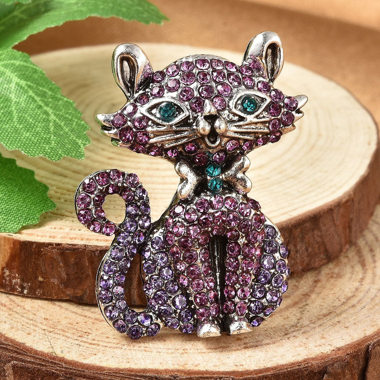 Multi Colour Austrian Crystal Enamelled Cat Brooch in Silver Tone 3595168 2
