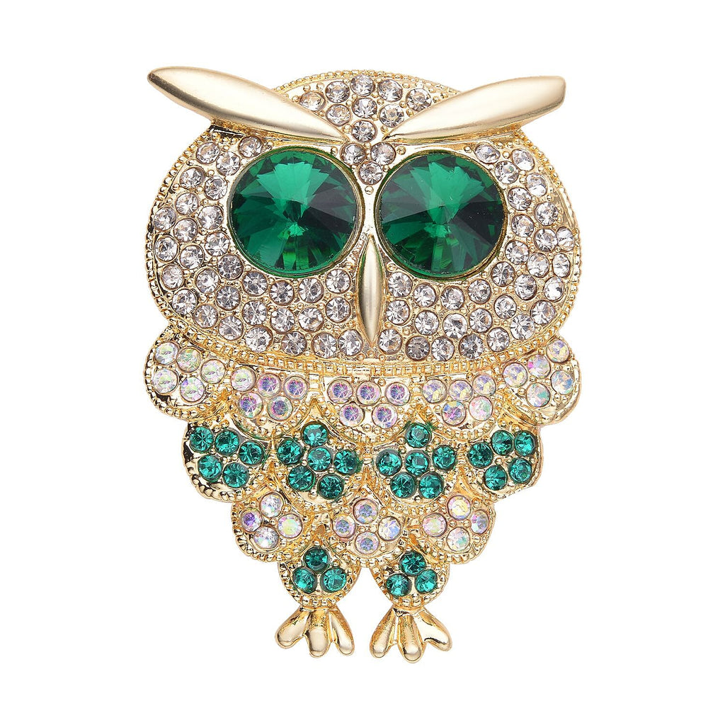 Multi Colour Austrian Crystal Owl Brooch Come Pendant in Yellow Gold Tone