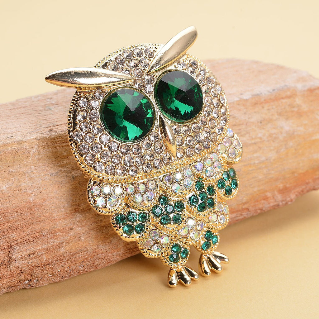 Multi Colour Austrian Crystal Owl Brooch Come Pendant in Yellow Gold Tone