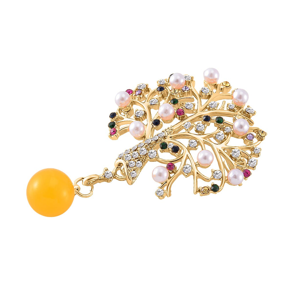 Multi Colour Austrian Crystal & Pearl Brooch in Yellow Gold Tone