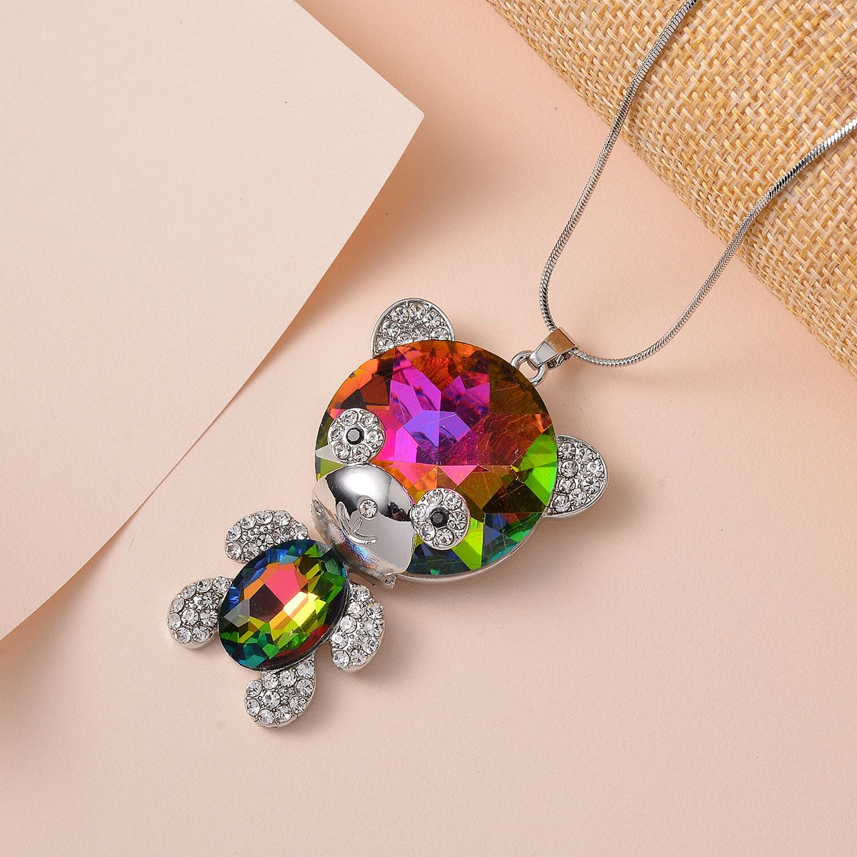 Multi Colour Austrian Crystal Teddy Pendant with Chain (Size - 24-2 Ext) in Silver Tone 7658696 2