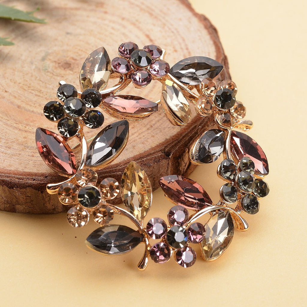 Multi Colour Austrian Crystal and Simulated Multi Colour Gemstones Brooch in Yellow Gold Tone