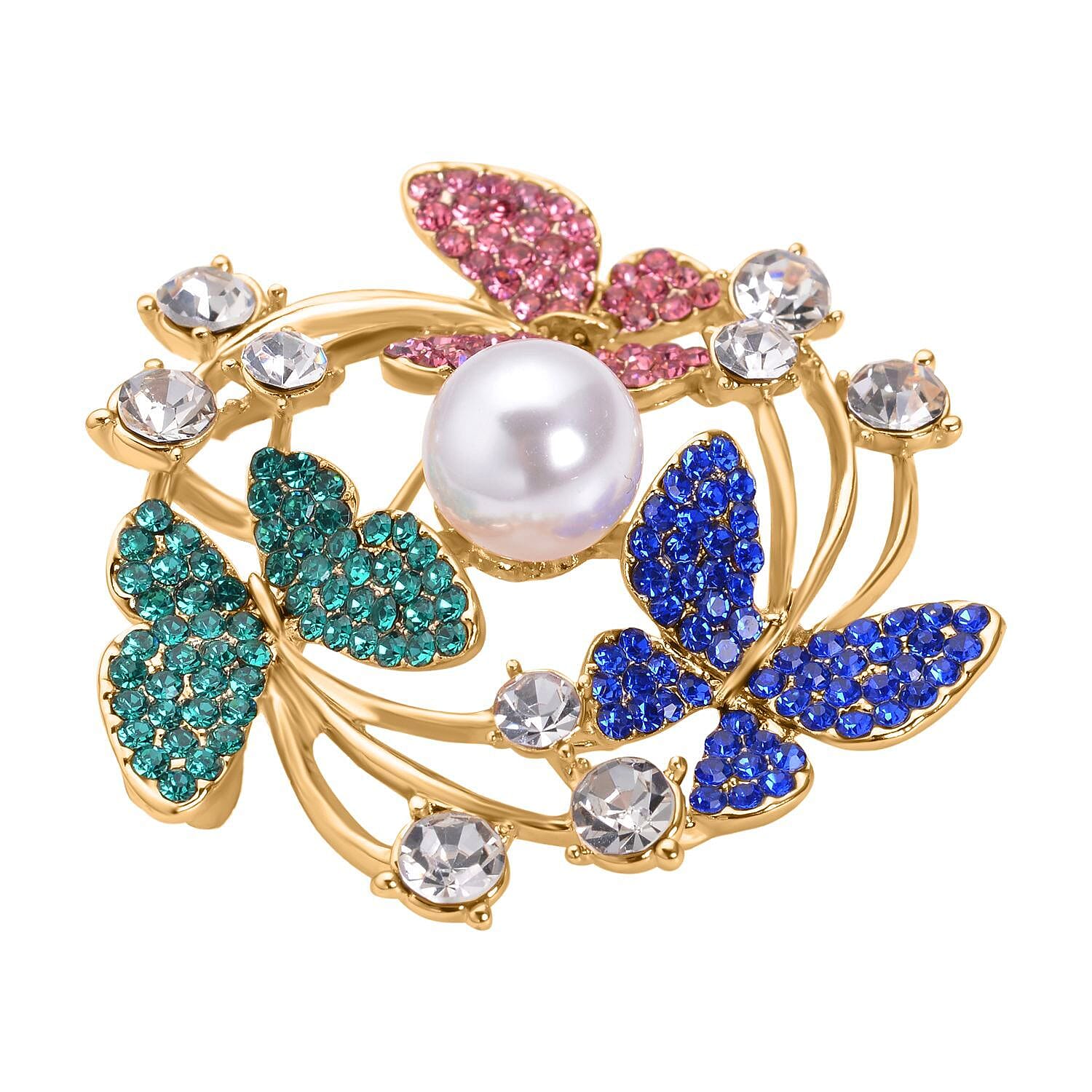 Multi Colour Austrian Crystal &amp; Simulated Pearl Butterfly Brooch 5.00 Ct. 7020216 3