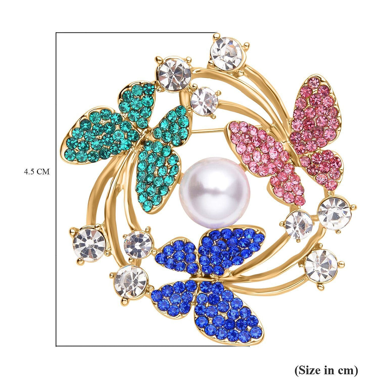 Multi Colour Austrian Crystal &amp; Simulated Pearl Butterfly Brooch 5.00 Ct. 7020216 5