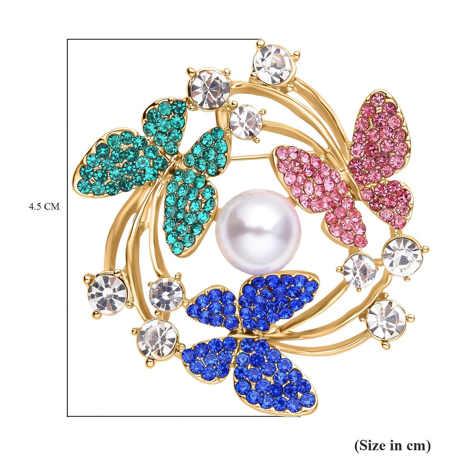 Multi Colour Austrian Crystal &amp; Simulated Pearl Butterfly Brooch 5.00 Ct. 7020216 5