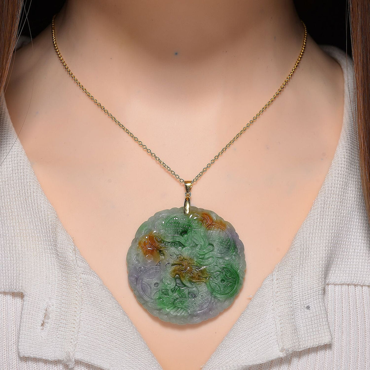 Multi Colour Carved Jade Pendant with Chain (Size 20) in Yellow Gold Plated Sterling Silver 112.00 Ct. 4403531 3